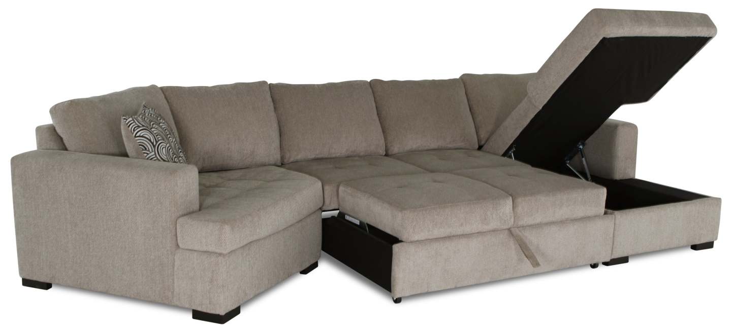 Fabriqué au Canada, canapé-lit sectionnel enveloppant Legend 3 pièces en tissu de chenille avec chaise longue - beige platine