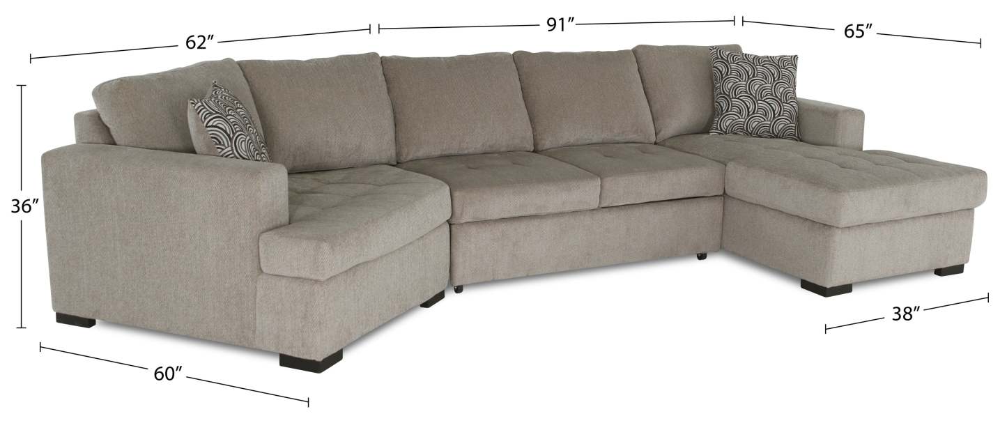 Fabriqué au Canada, canapé-lit sectionnel enveloppant Legend 3 pièces en tissu de chenille avec chaise longue - beige platine