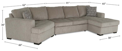 Fabriqué au Canada, canapé-lit sectionnel enveloppant Legend 3 pièces en tissu de chenille avec chaise longue - beige platine