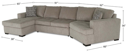 Fabriqué au Canada Legend 3 pièces sectionnel avec lit-couché en tissu de chenille à droite avec chaise longue - beige platine