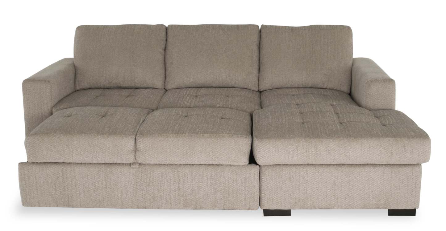 Made in Canada Legend 2-Piece Right-Facing Chenille Fabric Sleeper Sectional with Storage Chaise - Platinum Beige | Canapé-lit sectionnel de droite Legend 2 pièces fabriqué au Canada en tissu de chenille avec chaise longue de rangement - beige platine