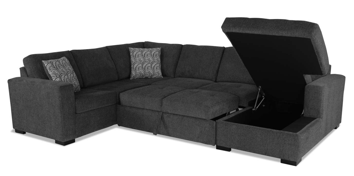 Made in Canada Legend 3-Piece Right-Facing Chenille Fabric Sleeper Sectional with Storage Chaise - Pepper Grey | Canapé-lit sectionnel de droite Legend 3 pièces fabriqué au Canada en tissu de chenille avec chaise longue de rangement - gris poivre