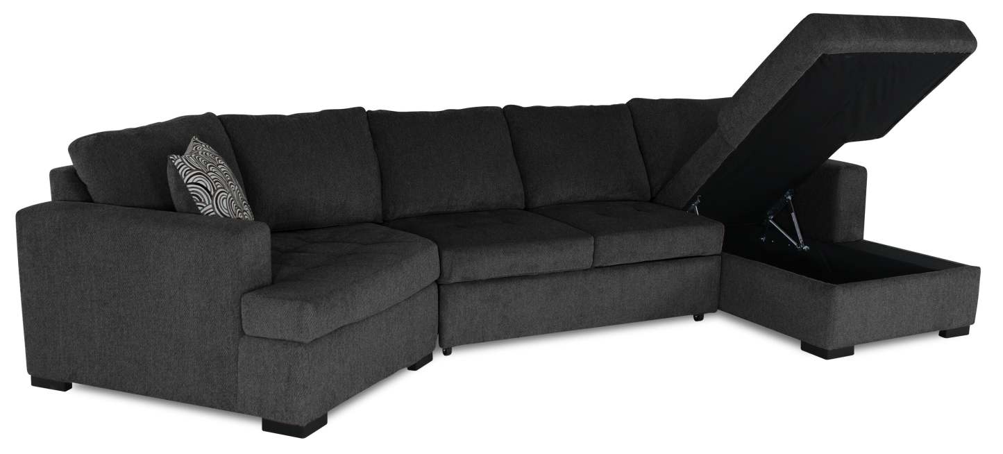 Fabriqué au Canada, canapé-lit sectionnel enveloppant Legend 3 pièces en tissu de chenille avec chaise longue - gris poivre