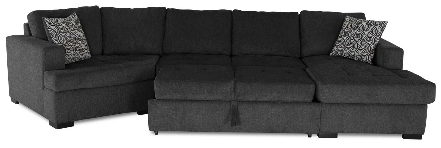 Fabriqué au Canada, canapé-lit sectionnel enveloppant Legend 3 pièces en tissu de chenille avec chaise longue - gris poivre