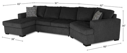 Fabriqué au Canada Legend 3 pièces sectionnel avec lit-couché en tissu de chenille à droite avec chaise longue - gris poivre