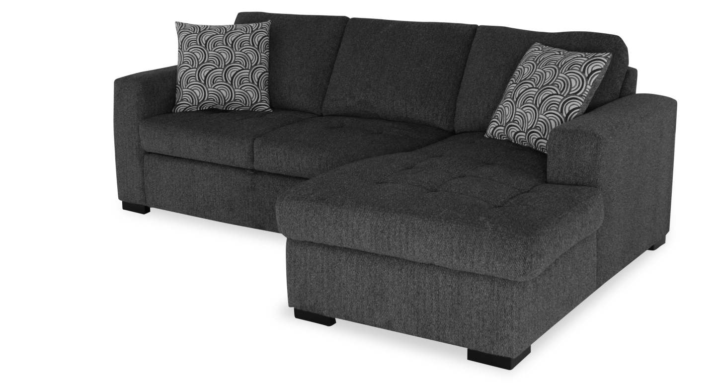 Fabriqué au Canada, canapé-lit sectionnel de droite Legend 2 pièces en tissu de chenille avec fauteuil long de rangement - gris poivre