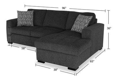 Fabriqué au Canada, canapé-lit sectionnel de droite Legend 2 pièces en tissu de chenille avec fauteuil long de rangement - gris poivre