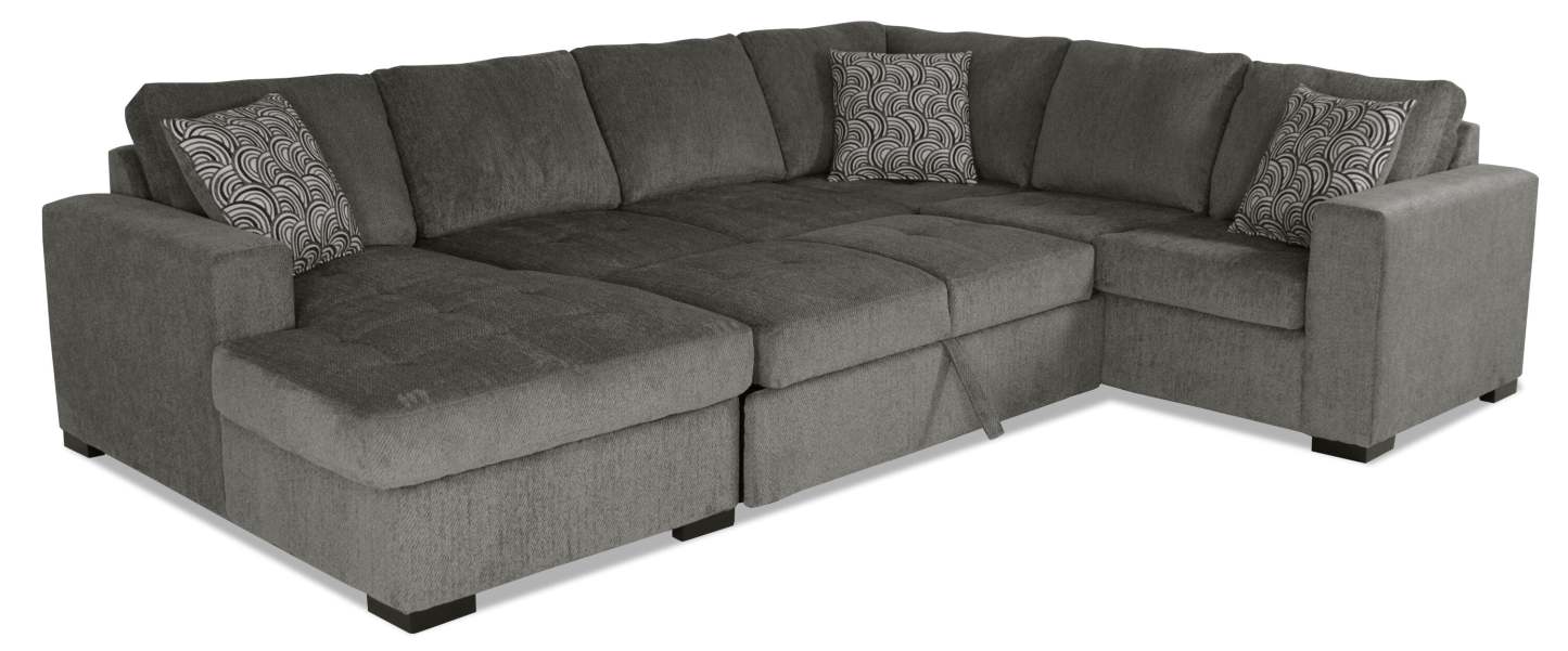 Made in Canada Legend 3-Piece Left-Facing Chenille Fabric Sleeper Sectional with Storage Chaise - Pewter Brown | Canapé-lit sectionnel de gauche Legend 3 pièces fabriqué au Canada en tissu de chenille avec chaise longue de rangement - brun étain