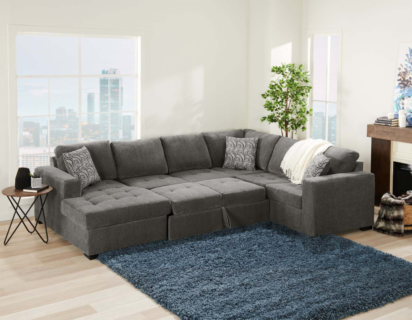 Made in Canada Legend 3-Piece Left-Facing Chenille Fabric Sleeper Sectional with Storage Chaise - Pewter Brown | Canapé-lit sectionnel de gauche Legend 3 pièces fabriqué au Canada en tissu de chenille avec chaise longue de rangement - brun étain