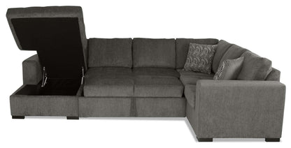 Made in Canada Legend 3-Piece Left-Facing Chenille Fabric Sleeper Sectional with Storage Chaise - Pewter Brown | Canapé-lit sectionnel de gauche Legend 3 pièces fabriqué au Canada en tissu de chenille avec chaise longue de rangement - brun étain