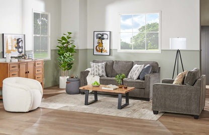 Made in Canada Lennox 35 Chenille Fabric Chair with Reversible Cushions and Track Arms - Grey | Fauteuil Lennox de 35 po fabriqué au Canada en tissu de chenille avec coussins réversibles et accoudoirs rectilignes - gris