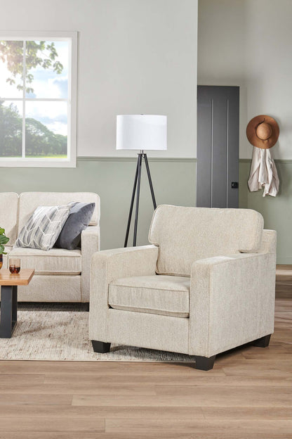 Made in Canada Lennox 35 Chenille Fabric Chair with Reversible Cushions and Track Arms - Taupe | Fauteuil Lennox de 35 po fabriqué au Canada en tissu de chenille avec coussins réversibles et accoudoirs rectilignes - taupe