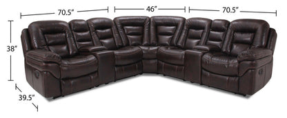 Sofa sectionnel inclinable Leo 7 pièces en tissu d’apparence cuir avec consoles de rangement et porte-gobelets - brun noyer