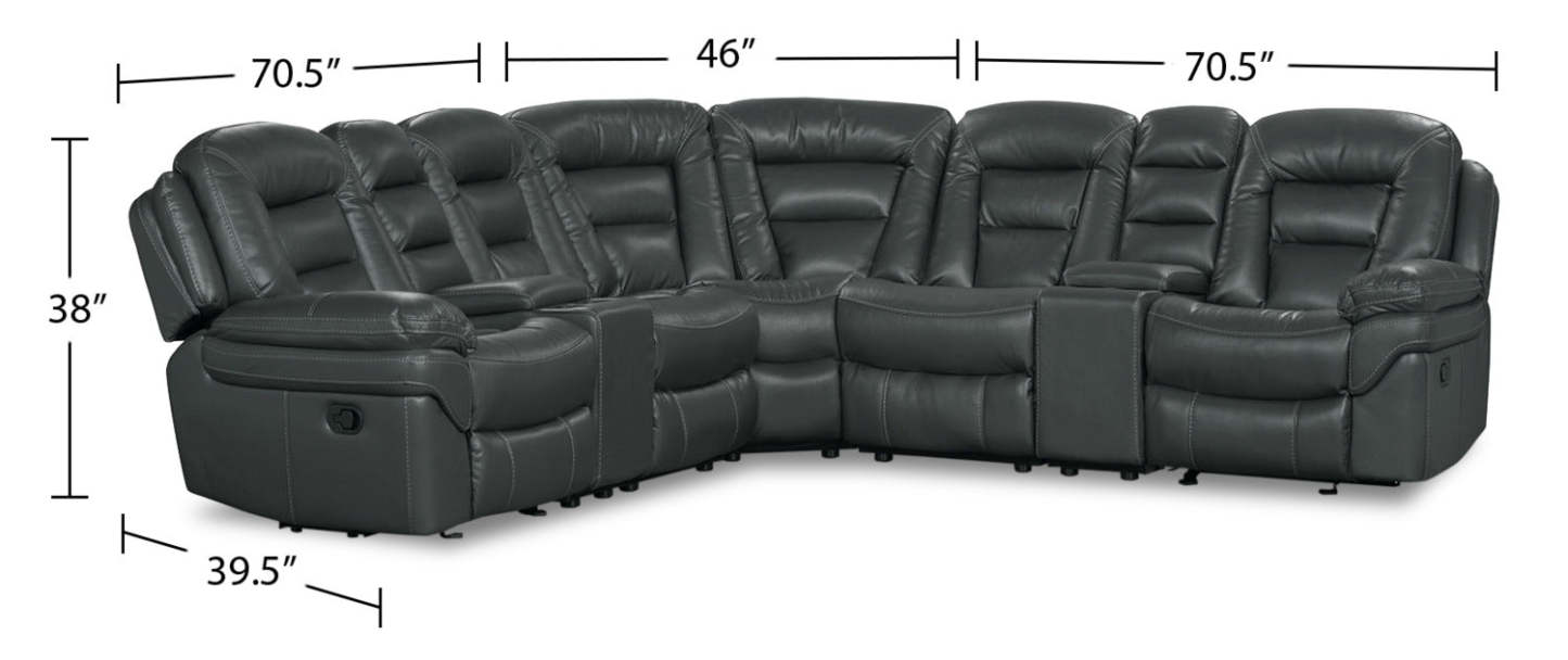 Canapé sectionnel inclinable Leo 7 pièces en tissu d'apparence cuir avec consoles de rangement et porte-gobelets - gris