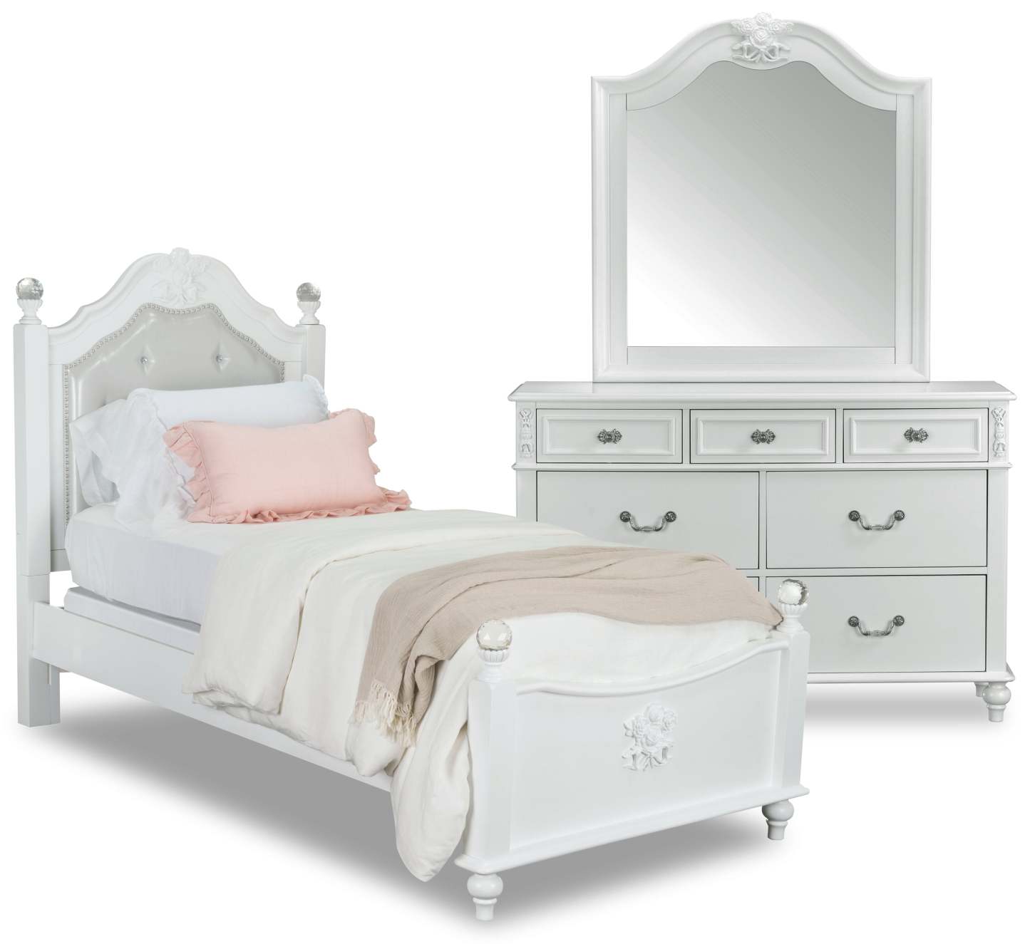 Ensemble de chambre à coucher Livy 5 pièces pour enfants avec lit à panneau, commode et miroir, blanc - format lit double