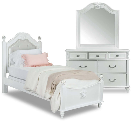 Ensemble de chambre à coucher Livy 5 pièces pour enfants avec lit à panneau, commode et miroir, blanc - format lit double