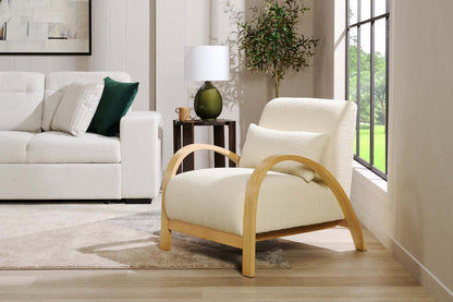 Loft 27.55 Chaise d'appoint en tissu bouclé avec oreiller décoratif et accoudoirs et pieds en bois - Blanc | Fauteuil d'appoint Loft de 27,55 po en tissu bouclé avec coussin décoratif, accoudoirs et pattes en bois - blanc