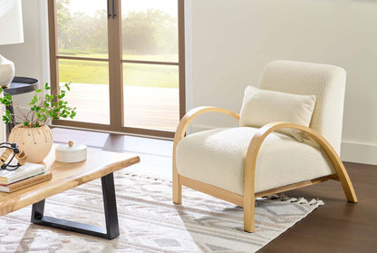 Loft 27.55 Chaise d'appoint en tissu bouclé avec oreiller décoratif et accoudoirs et pieds en bois - Blanc | Fauteuil d'appoint Loft de 27,55 po en tissu bouclé avec coussin décoratif, accoudoirs et pattes en bois - blanc