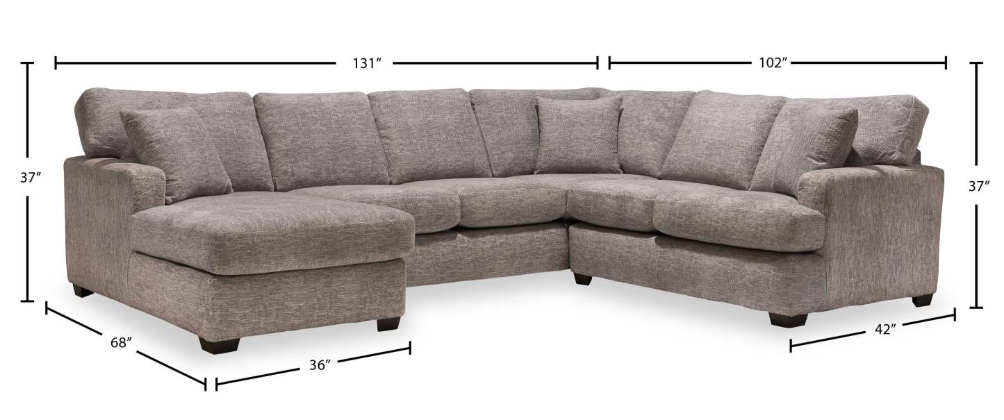 Sofa sectionnel de gauche Luxe 3 pièces fabriqué au Canada en tissu avec coussins amovibles - gris colombe Zaftig