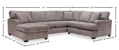 Sofa sectionnel de gauche Luxe 3 pièces fabriqué au Canada en tissu avec coussins amovibles - gris colombe Zaftig