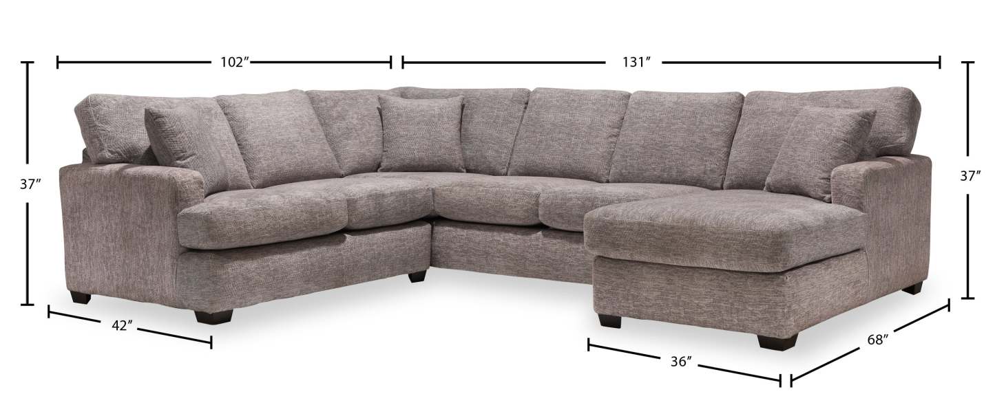 Sofa sectionnel de droite Luxe 3 pièces fabriqué au Canada en tissu avec coussins amovibles - gris colombe Zaftig