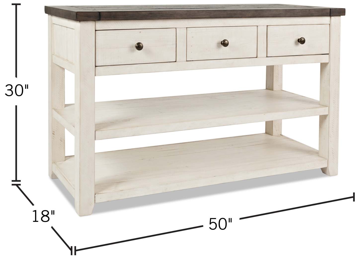 Madison 50 Rustic Sofa Table with Storage and Shelf - White Wood|Table de salon rustique Madison de 50 po avec rangement et tablette - bois blanc