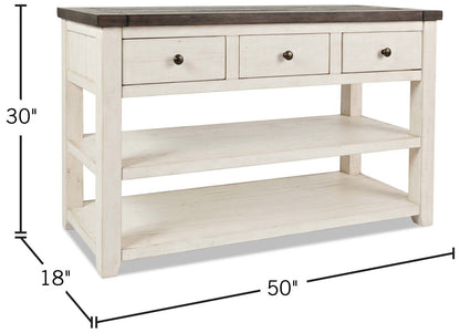 Madison 50 Rustic Sofa Table with Storage and Shelf - White Wood|Table de salon rustique Madison de 50 po avec rangement et tablette - bois blanc