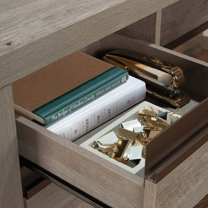 Bureau en forme de L Manhattan Gate de 65,98 po de qualité commerciale à 2 tiroirs - chêne mystique