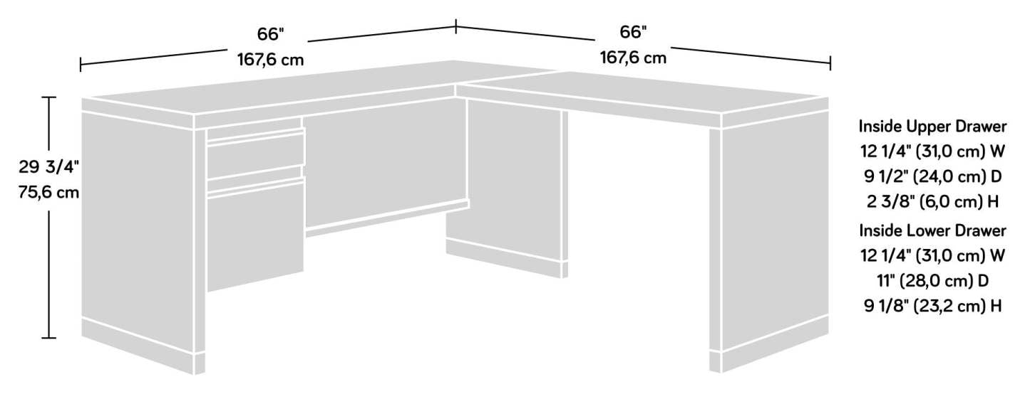 Bureau en forme de L Manhattan Gate de 65,98 po de qualité commerciale à 2 tiroirs - chêne mystique