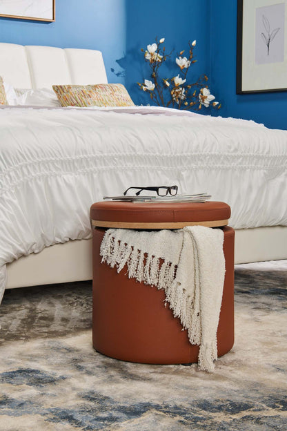 Manitoba 18 Round Storage Ottoman - Brown Faux Leather|Pouf de rangement rond Manitoba de 18 po - similicuir brun