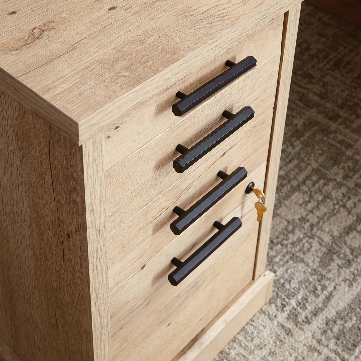 Bureau en forme de L Mason Peak de 59,06 po de qualité commerciale à 3 tiroirs avec armoire - chêne clair