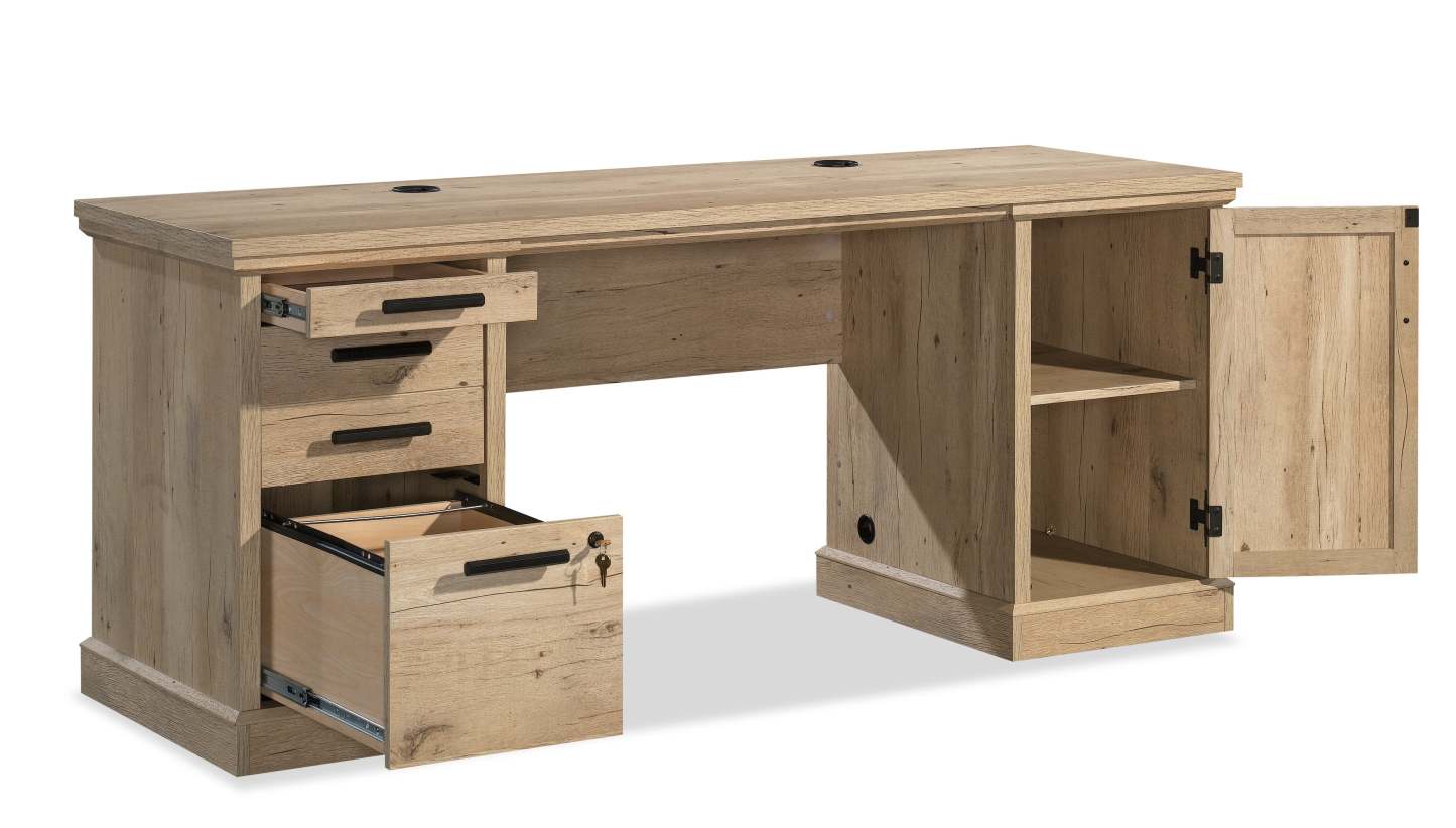 Bureau de style bahut Mason Peak 71,10 po de qualité commerciale à 3 tiroirs avec armoire - chêne clair