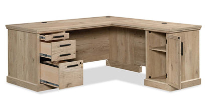 Bureau en forme de L Mason Peak de 71,10 po de qualité commerciale à 3 tiroirs avec armoire - chêne clair