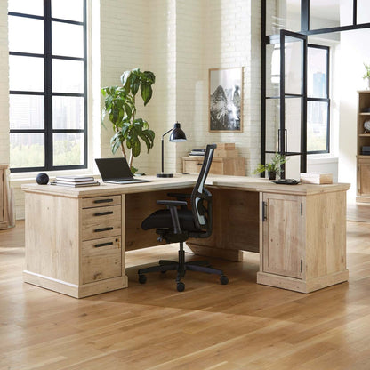 Bureau en forme de L Mason Peak de 71,10 po de qualité commerciale à 3 tiroirs avec armoire - chêne clair