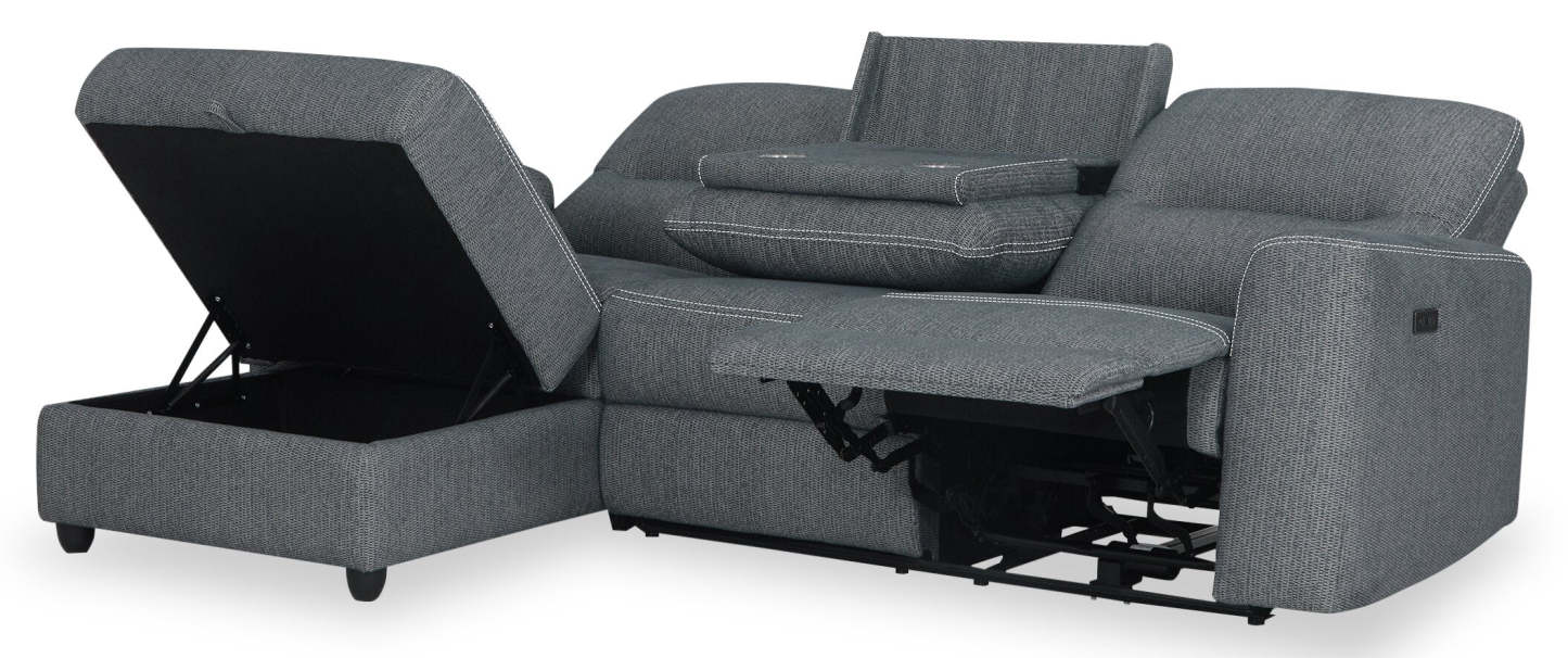 Sofa sectionnel de gauche à inclinaison électrique Meadow 2 pièces en tissu de chenille avec fauteuil long de rangement - gris anthracite