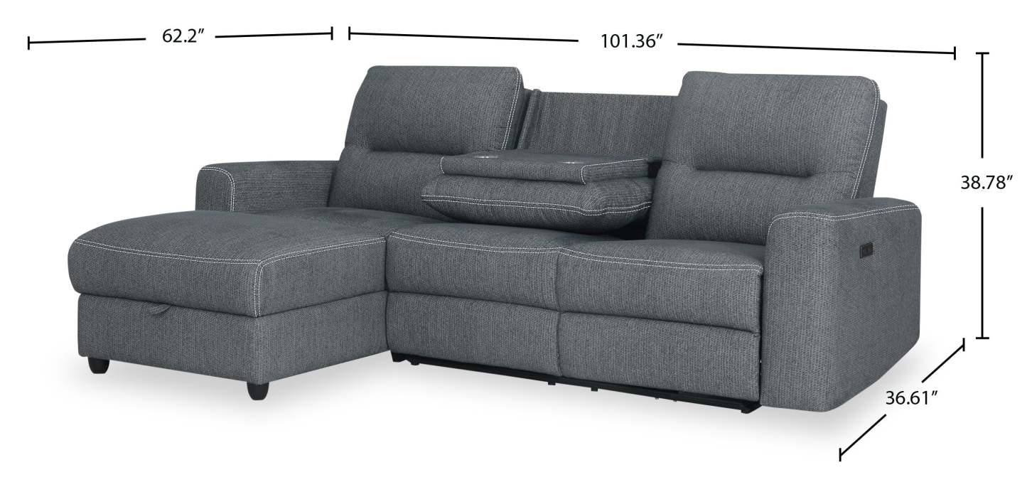 Sofa sectionnel de gauche à inclinaison électrique Meadow 2 pièces en tissu de chenille avec fauteuil long de rangement - gris anthracite