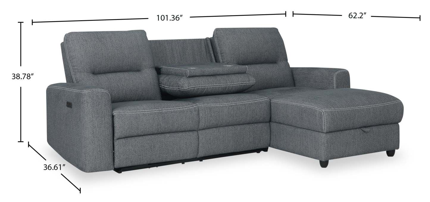 Sofa sectionnel de droite à inclinaison électrique Meadow 2 pièces en tissu de chenille avec fauteuil long de rangement - gris anthracite