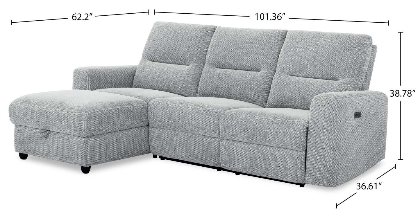 Sofa sectionnel de gauche à inclinaison électrique Meadow 2 pièces en tissu de chenille avec fauteuil long de rangement - gris rivière