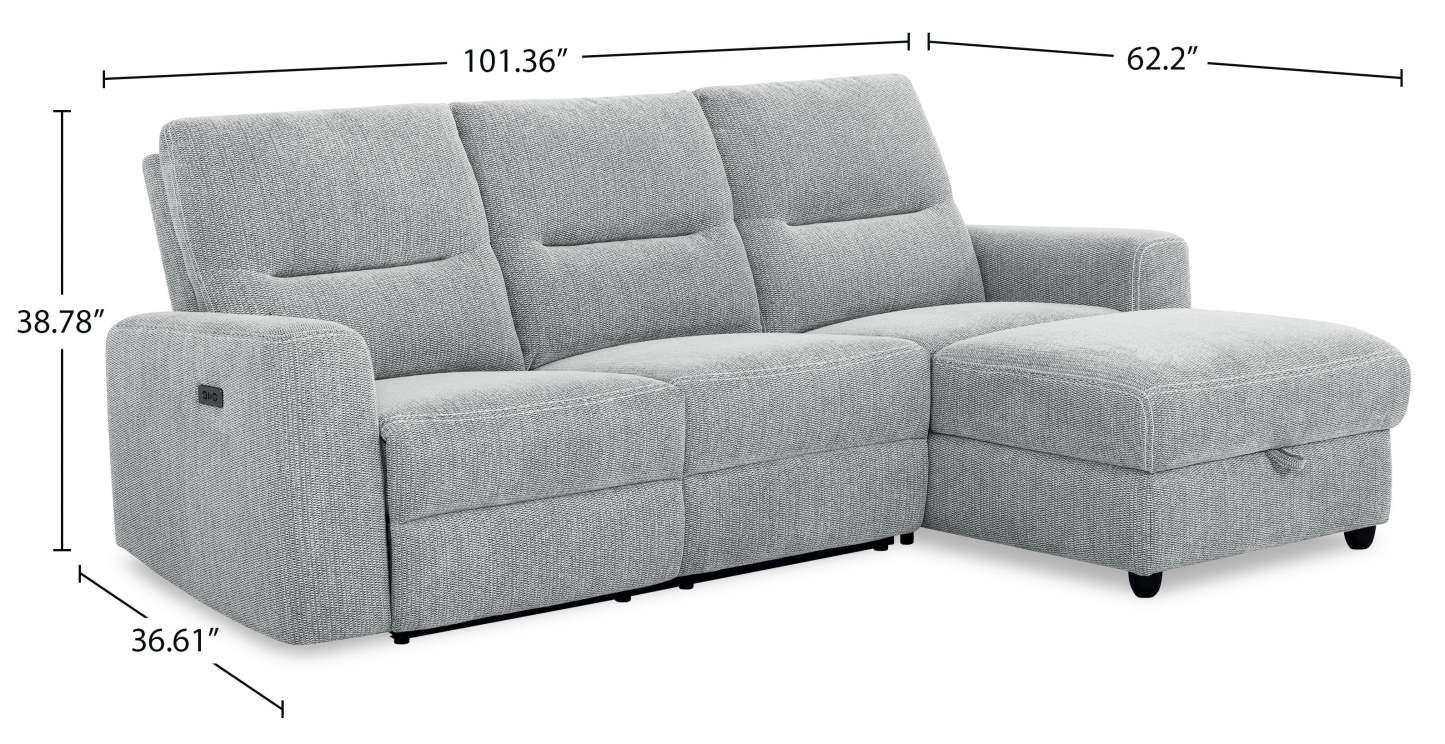Sofa sectionnel de droite à inclinaison électrique Meadow 2 pièces en tissu de chenille avec fauteuil long de rangement - gris rivière