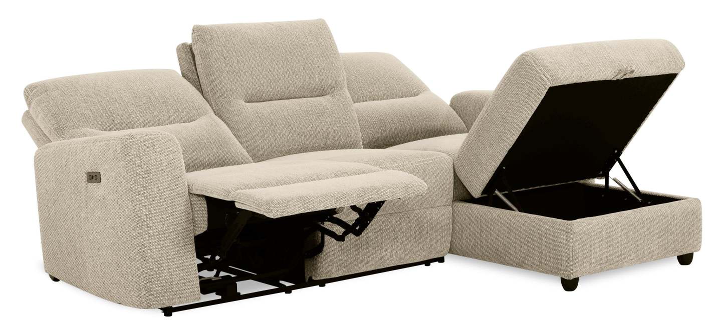 Sofa sectionnel de droite à inclinaison électrique Meadow 2 pièces en tissu de chenille avec fauteuil long de rangement - taupe