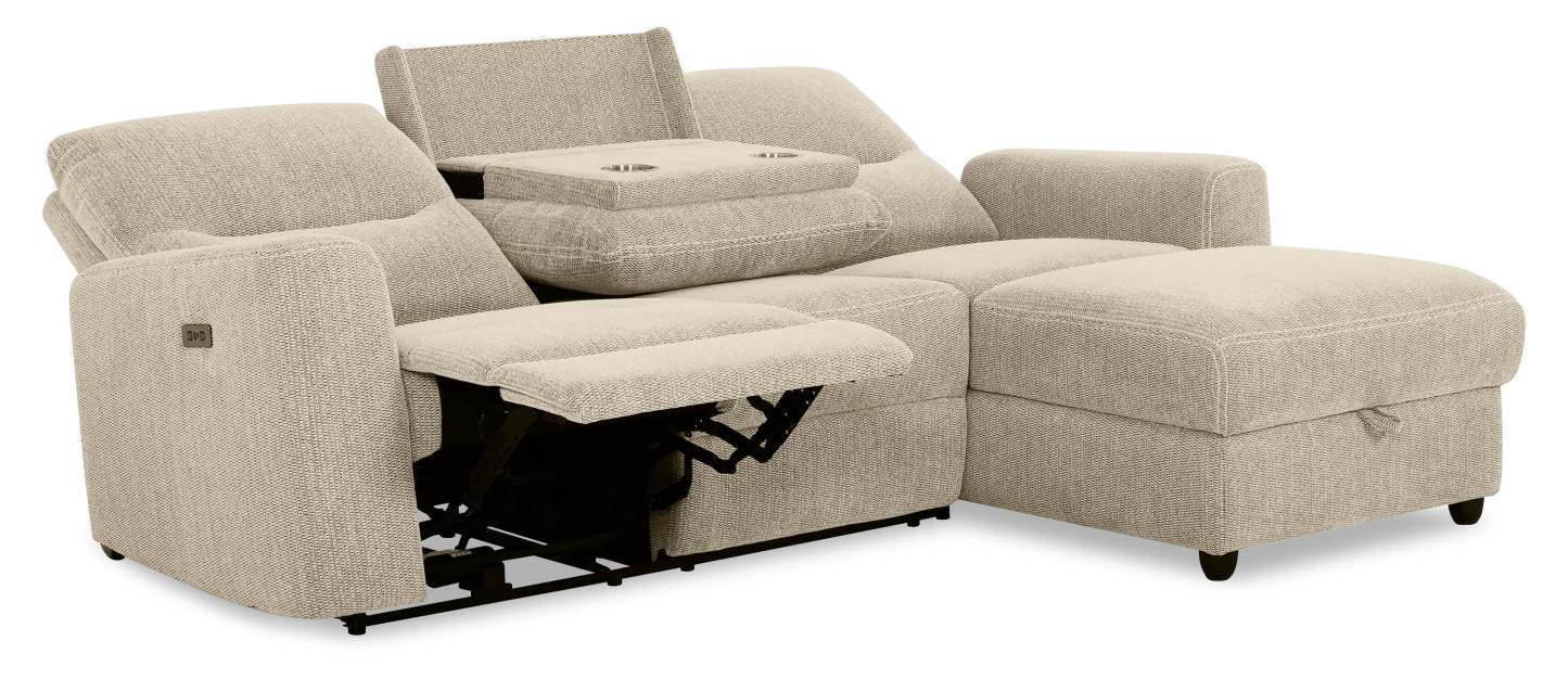 Sofa sectionnel de droite à inclinaison électrique Meadow 2 pièces en tissu de chenille avec fauteuil long de rangement - taupe