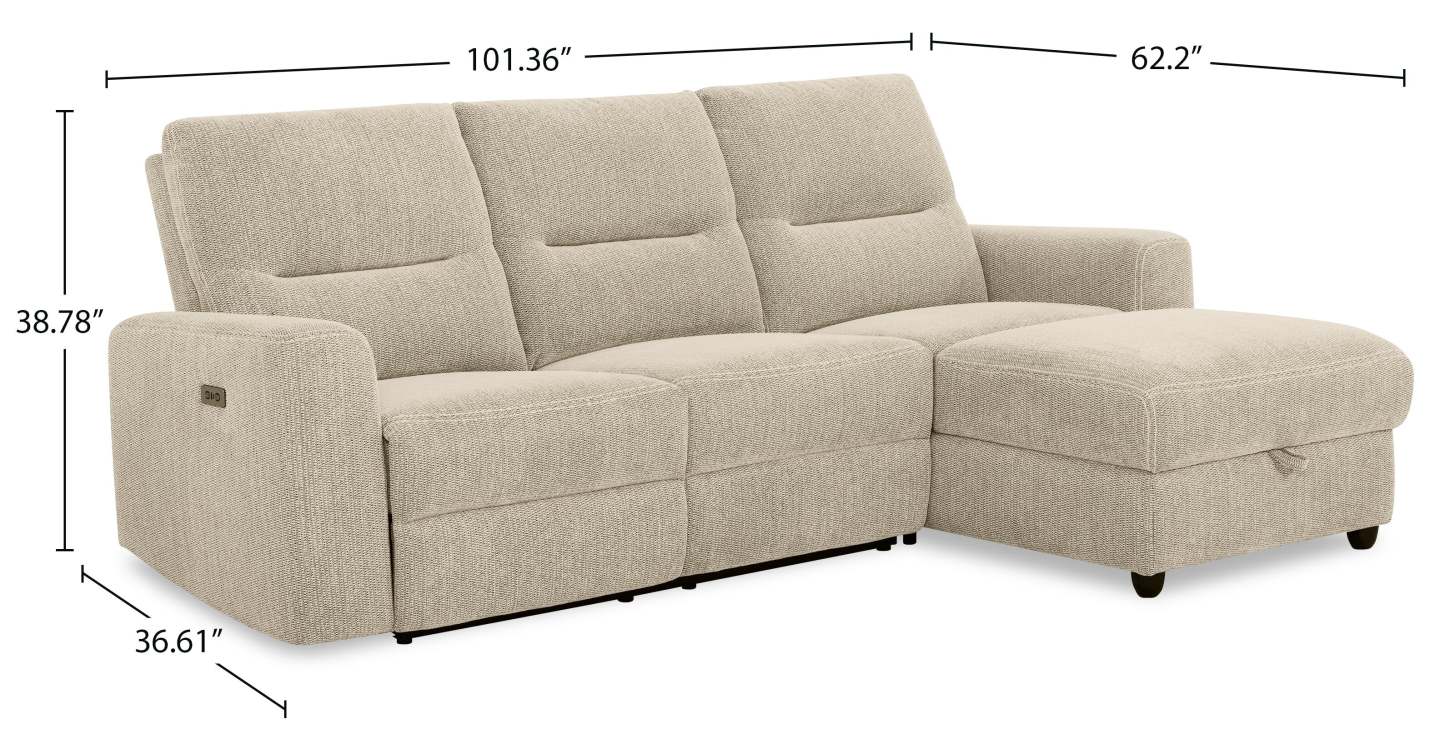 Sofa sectionnel de droite à inclinaison électrique Meadow 2 pièces en tissu de chenille avec fauteuil long de rangement - taupe