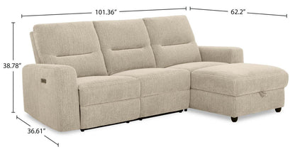 Sofa sectionnel de droite à inclinaison électrique Meadow 2 pièces en tissu de chenille avec fauteuil long de rangement - taupe