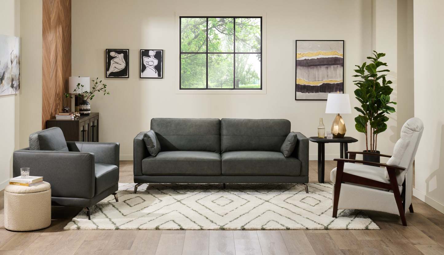 Melrose 84,5 po en cuir de qualité supérieure avec pattes en métal - véritable gris | Canapé Melrose 84,5 Top-Grain en cuir avec pattes en métal - véritable gris