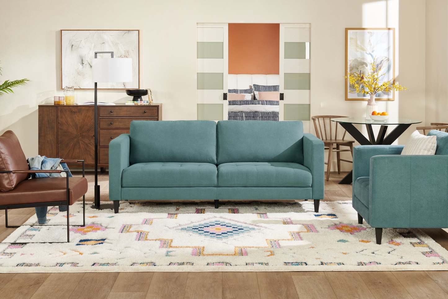 Canapé en tissu Metro 78 avec coussins d'assise capitonnés et coussins de dossier réversibles - Bleu denim | Canapé Metro de 78 po en tissu avec coussins de siège capitonnés et coussins de dossier réversibles - bleu denim