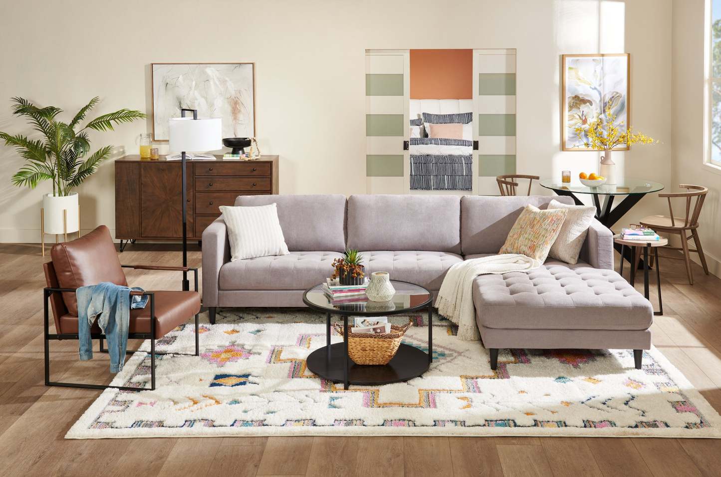 Sofa sectionnel de droite Metro 2 pièces en tissu avec fauteuil long et coussins de siège capitonnés - gris