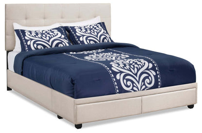 Lit plateforme de rangement rembourré Minka en tissu beige, capitonné - Queen Size | Lit plateforme rembourré Minka en tissu beige capitonné avec rangement - format grand lit