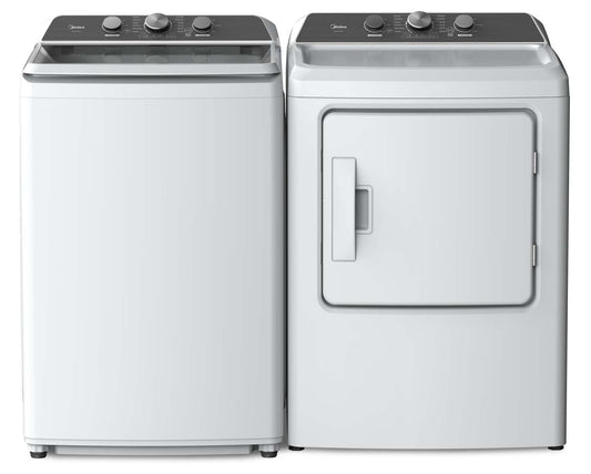 Midea 4,3 pi³ Laveuse à chargement par le haut et 6,7 pi³ Sécheuse électrique - blanche | Laveuse à chargement par le haut de 4,3 pi³ et sécheuse électrique de 6,7 pi³ de Midea - blanche | MITL43AW