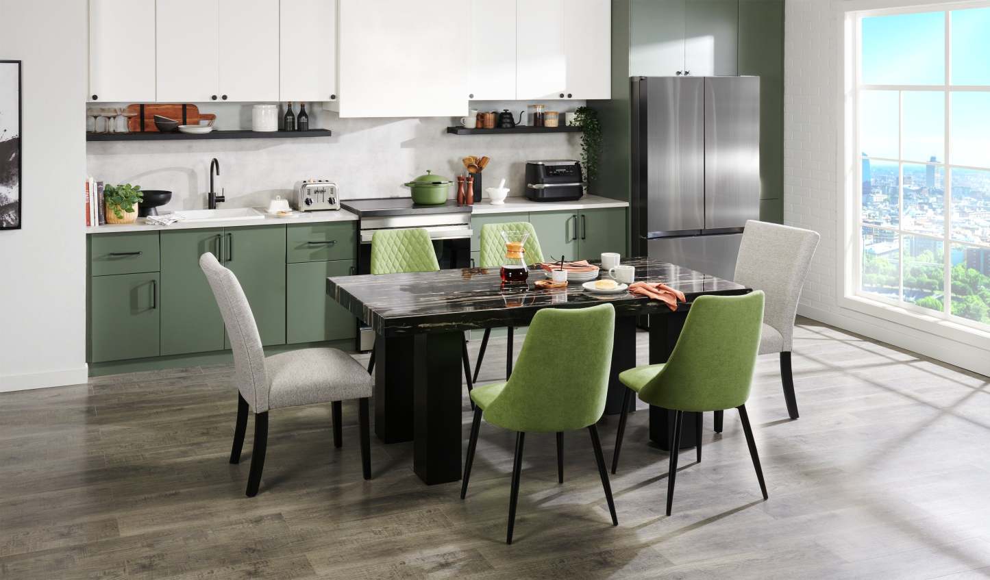 Table de salle à manger Burk avec plateau en résine époxy aspect marbre, 72 l - Noir | Table de salle à manger Burk de 72 po (L) avec dessus en résine époxy en imitation de marbre - noire