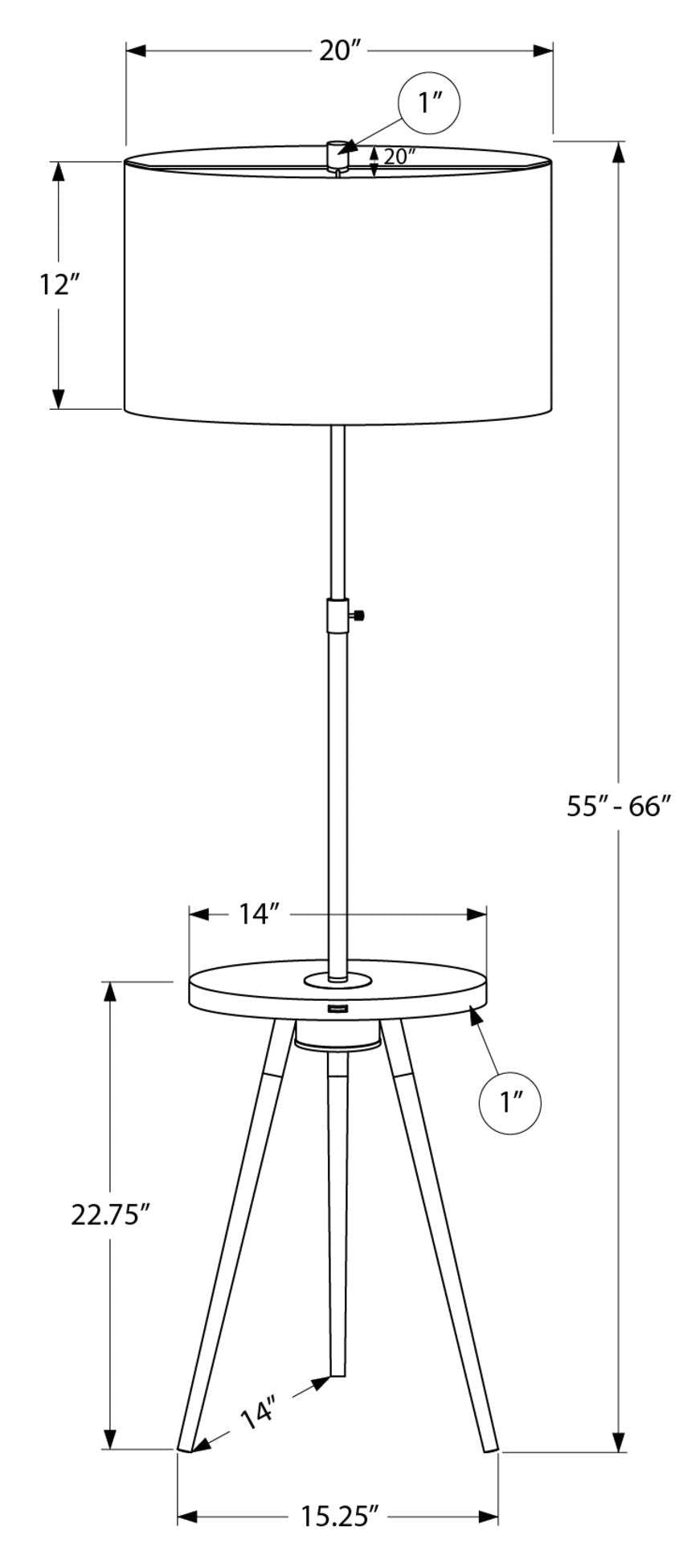 Lampadaire trépied en métal noir 63 avec port USB|Lampe à pied de style trépied de 63 po en métal noir avec port USB